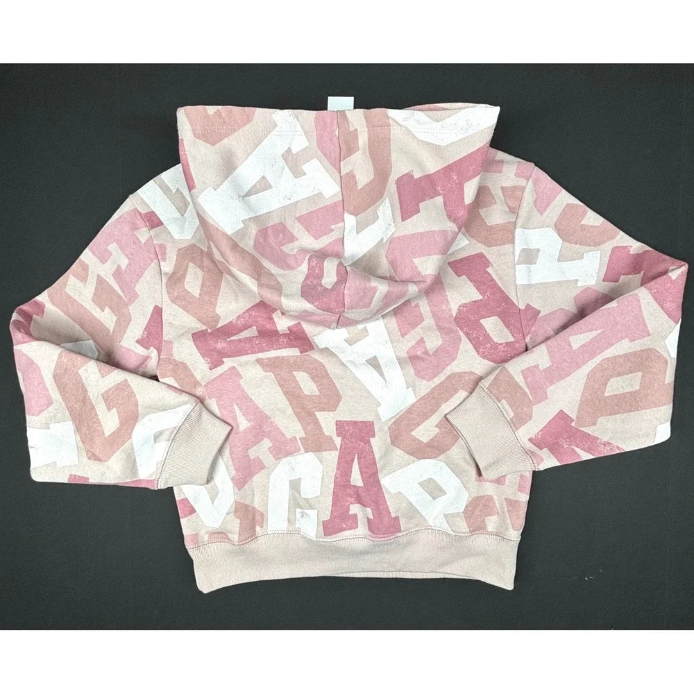 GAP Kids Allover Logo Pullover Hoodie Sweatshirt Pink Girls Large(10) Pocket NWT